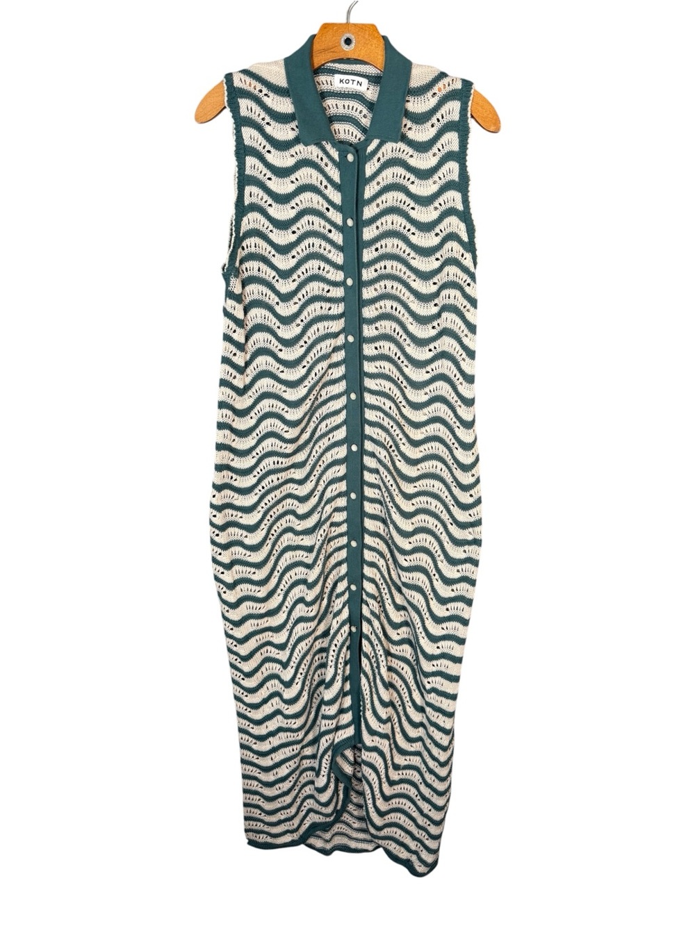KOTN Sabah Open Knit Midi Dress 100% Cotton Wavy Striped Coastal Resort L